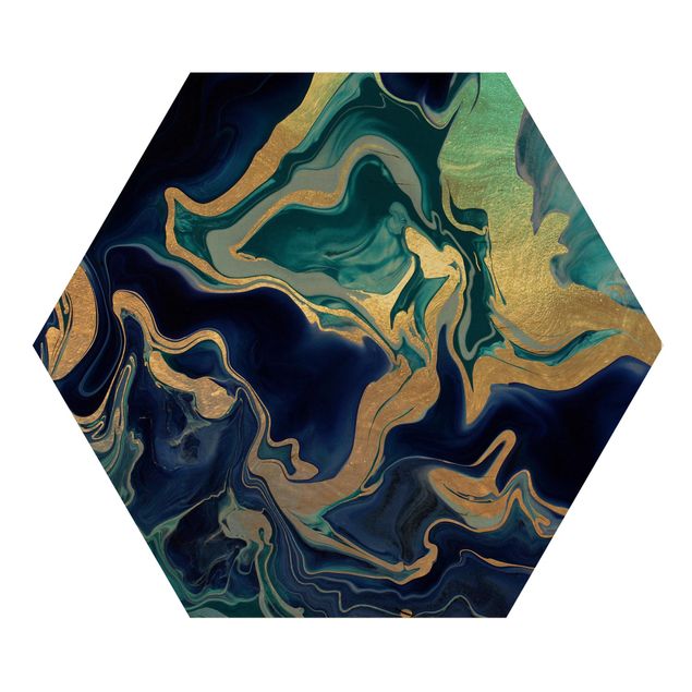 Hexagon Bild Holz - Spiel der Farben Indigo Feuer