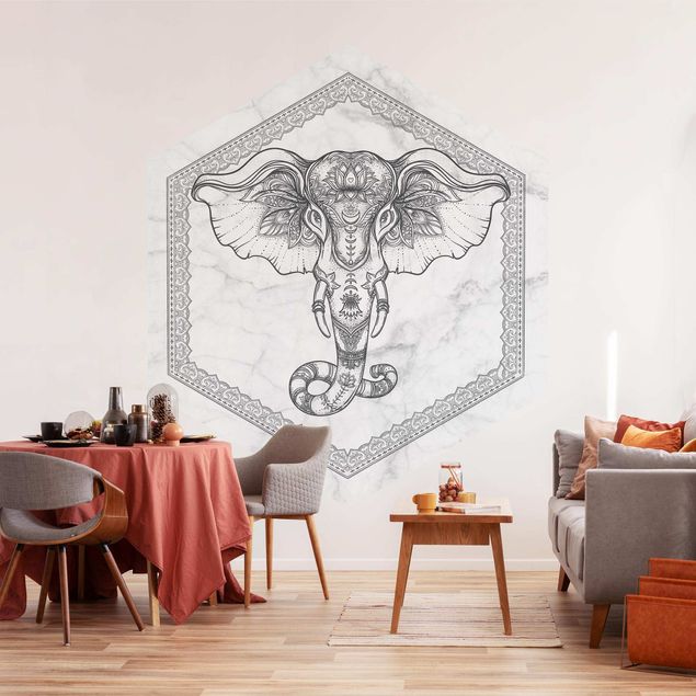 Hexagon Mustertapete selbstklebend - Spiritueller Elefant in Marmoroptik