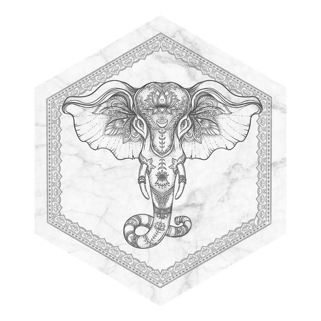 Hexagon Mustertapete selbstklebend - Spiritueller Elefant in Marmoroptik