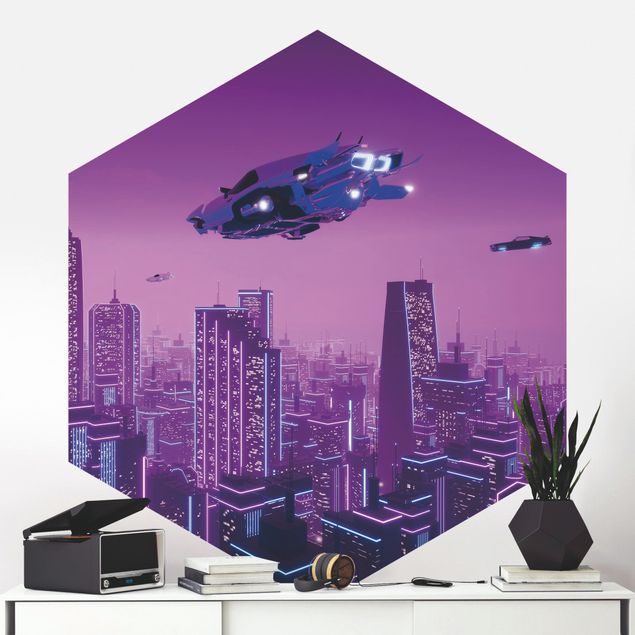 Hexagon Tapete Stadt im Neonlicht mit Raumschiffen