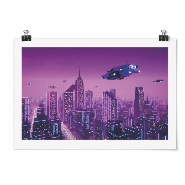 Poster kaufen Stadt im Neonlicht mit Raumschiffen