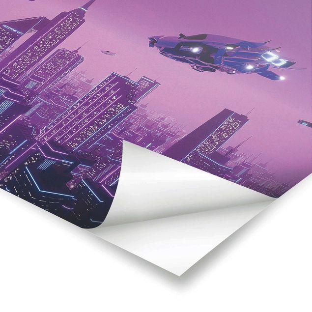 Poster - Stadt im Neonlicht mit Raumschiffen - Querformat 3:2