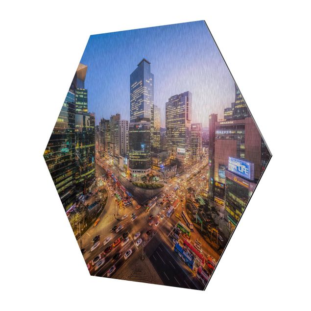 Hexagon Bild Alu-Dibond - Stadtlichter von Gangnam