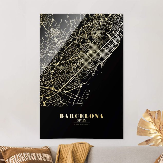 XXL Glasbilder Stadtplan Barcelona - Klassik Schwarz