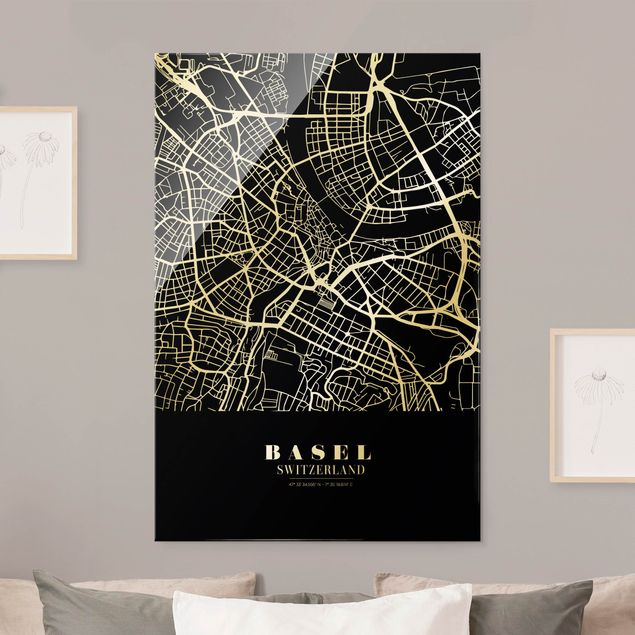 Glasbild schwarz-weiß Stadtplan Basel - Klassik Schwarz