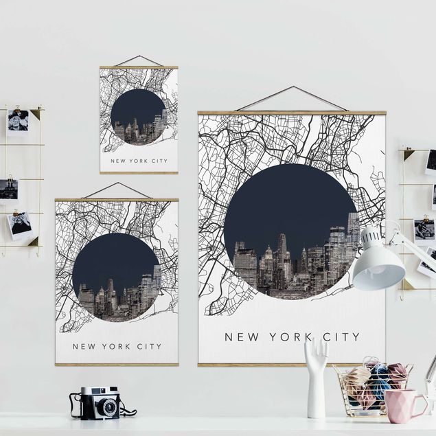 Stoffbild mit Posterleisten - Stadtplan Collage New York City - Hochformat 3:4