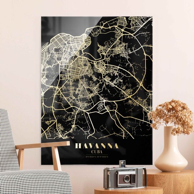 Glasbild schwarz-weiß Stadtplan Havanna - Klassik Schwarz