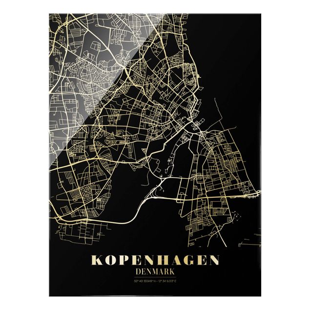 Glasbilder Stadtplan Kopenhagen - Klassik Schwarz