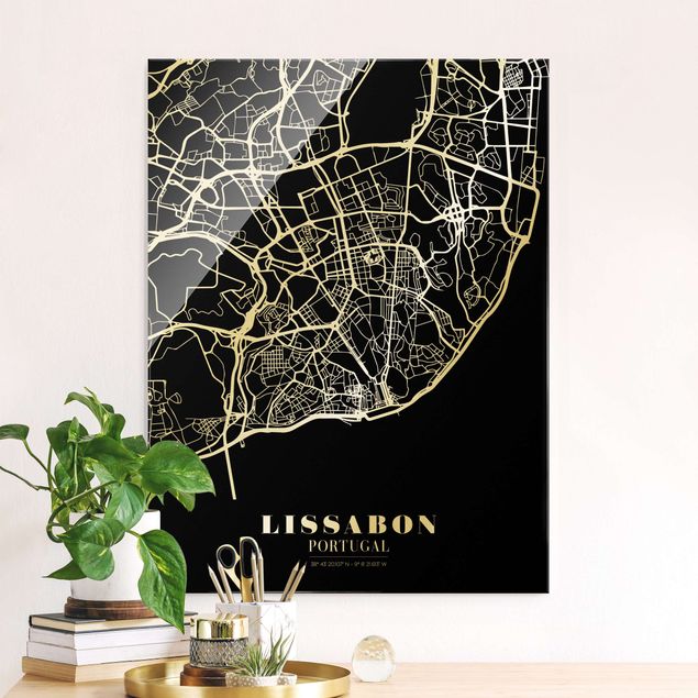 XXL Glasbilder Stadtplan Lissabon - Klassik Schwarz
