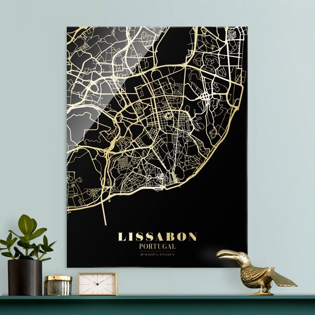 Glasbilder Schwarz-Weiß Stadtplan Lissabon - Klassik Schwarz