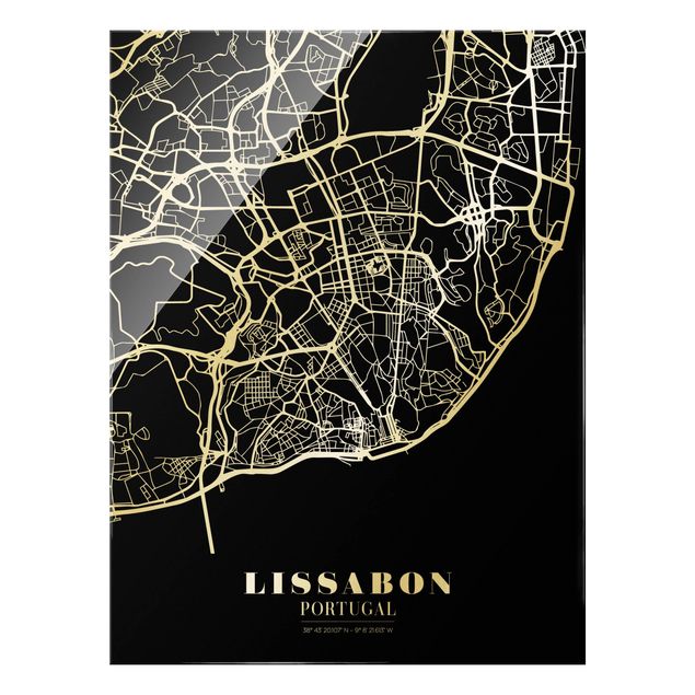 Bilder auf Glas Stadtplan Lissabon - Klassik Schwarz