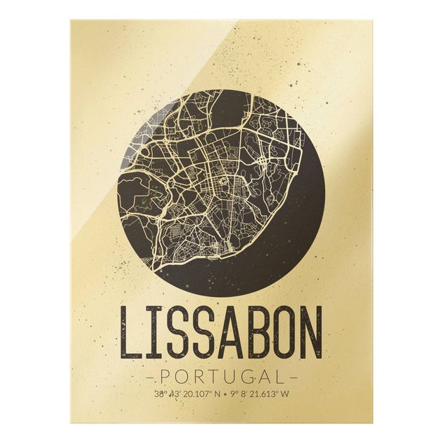 Glas Wandbilder Stadtplan Lissabon - Retro