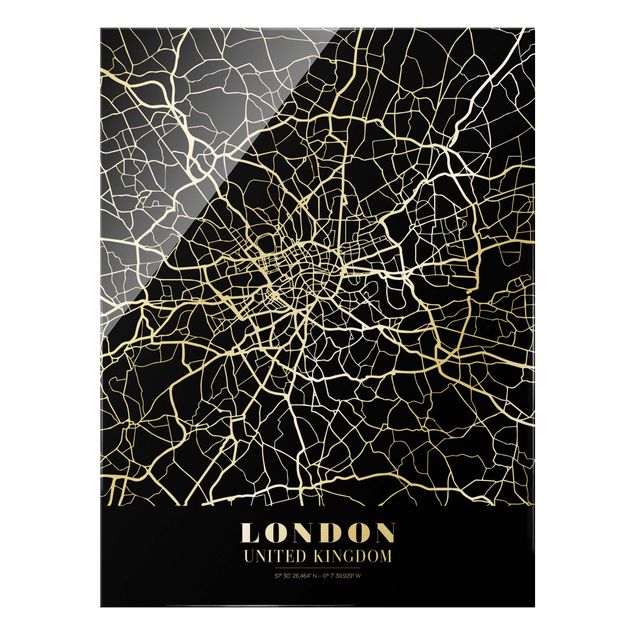 Glas Wandbilder Stadtplan London - Klassik Schwarz