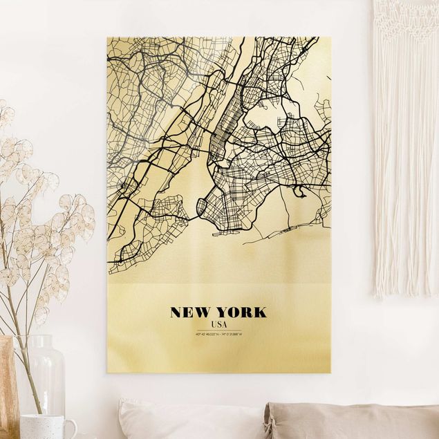 New York Glasbild Stadtplan New York - Klassik