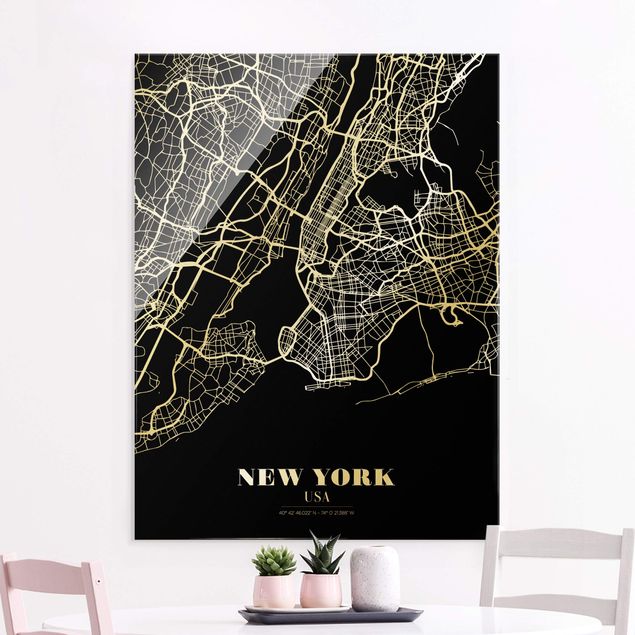 New York Glasbild Stadtplan New York - Klassik Schwarz