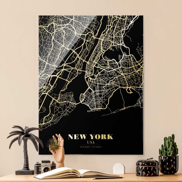 XXL Glasbilder Stadtplan New York - Klassik Schwarz