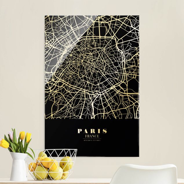 Glasbild schwarz-weiß Stadtplan Paris - Klassik Schwarz