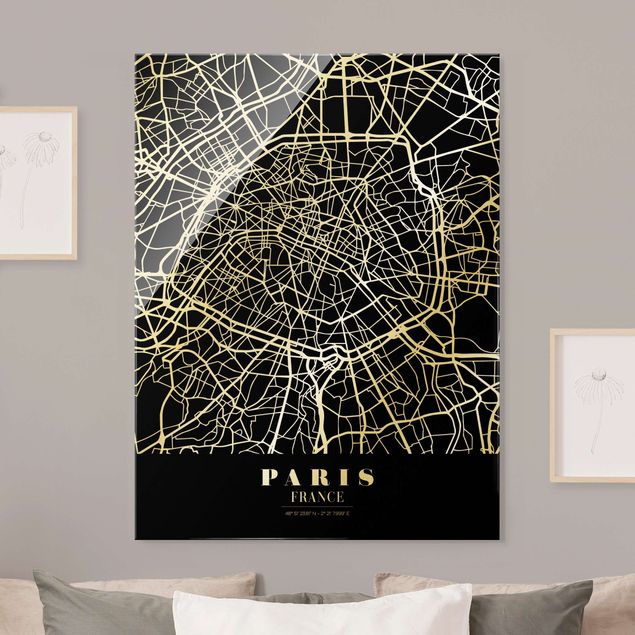 Glasbild schwarz-weiß Stadtplan Paris - Klassik Schwarz