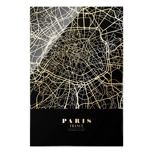 Glasbilder Stadtplan Paris - Klassik Schwarz