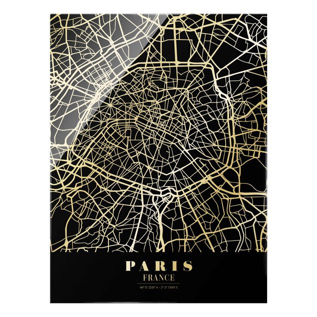 Glasbilder Stadtplan Paris - Klassik Schwarz