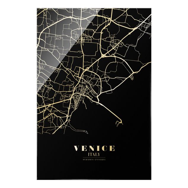 Bilder auf Glas Stadtplan Venedig - Klassik Schwarz