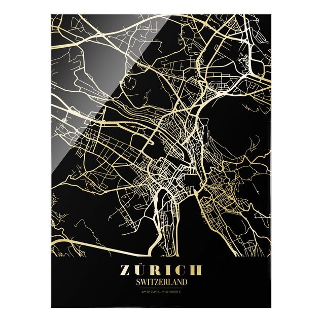 Bilder auf Glas Stadtplan Zürich - Klassik Schwarz