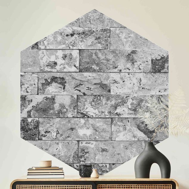 Hexagon Fototapete selbstklebend - Steinwand Naturmarmor grau