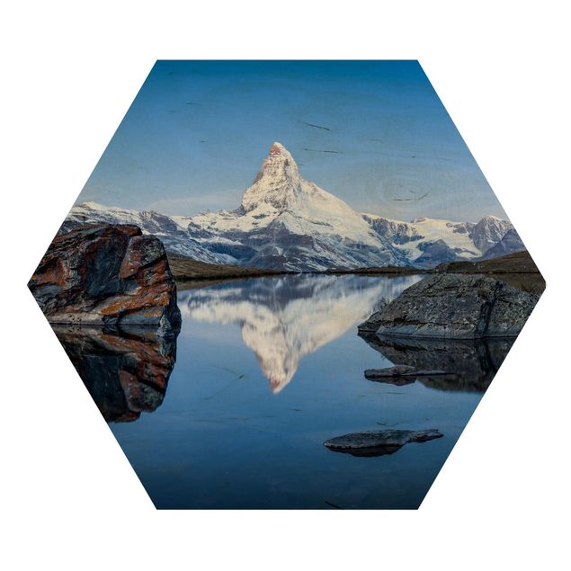 Hexagon Bild Holz - Stellisee vor dem Matterhorn