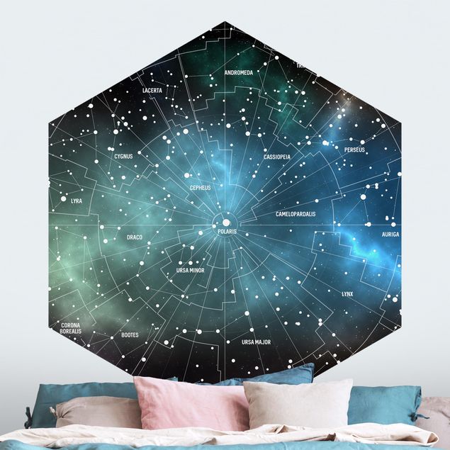 Hexagon Mustertapete selbstklebend - Sternbilder Karte Galaxienebel