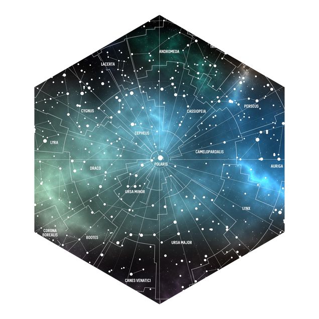 Hexagon Mustertapete selbstklebend - Sternbilder Karte Galaxienebel
