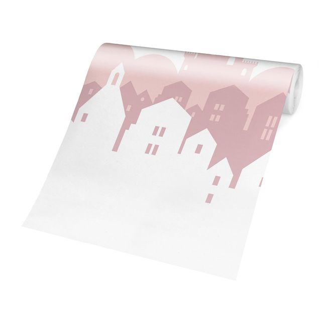 Fototapete - Sternenhimmel mit Häusern und Mond in rosa