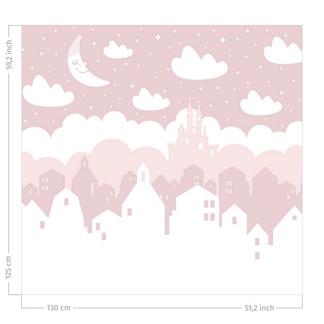 Türvorhang Sternenhimmel mit Häusern und Mond in rosa