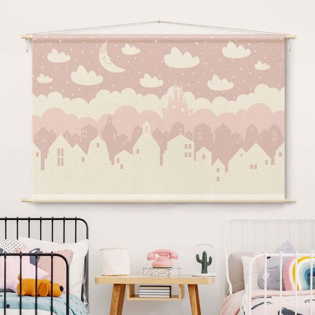 Wandteppich modern Sternenhimmel mit Häusern und Mond in rosa