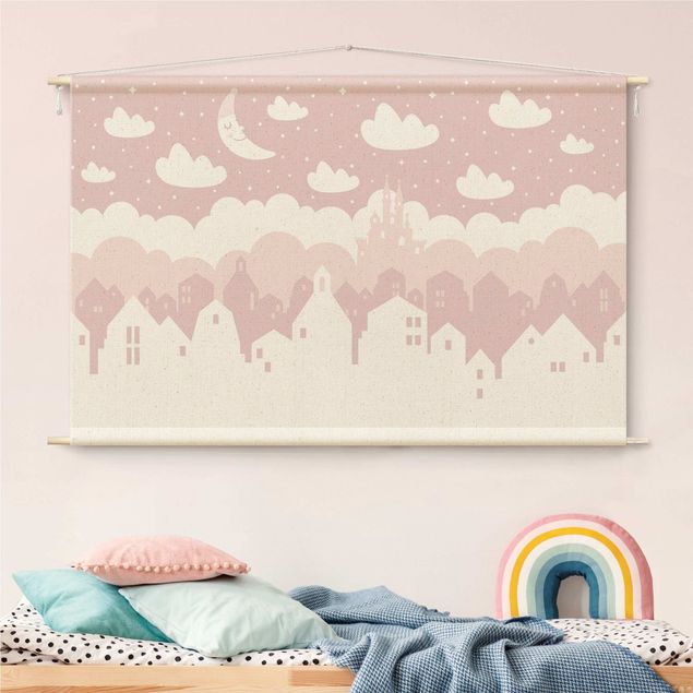 Wandbehang Sternenhimmel mit Häusern und Mond in rosa