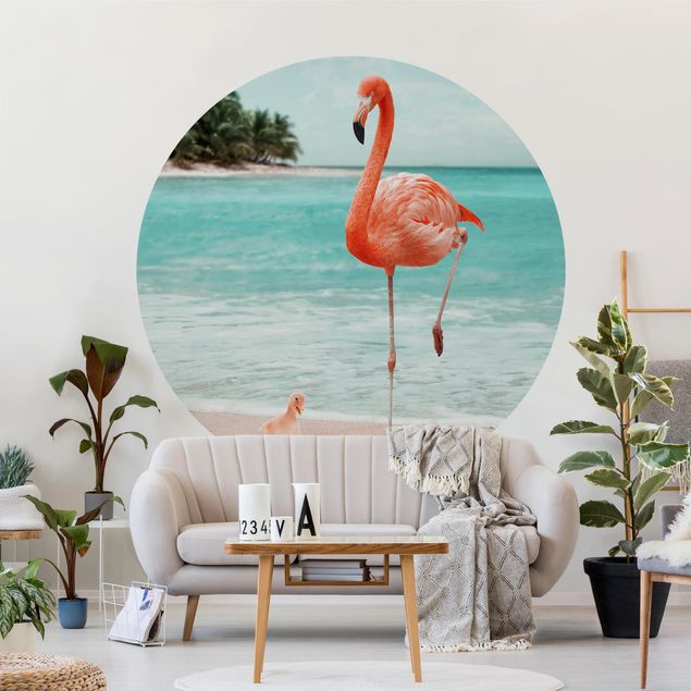 Runde Tapete selbstklebend - Strand mit Flamingo