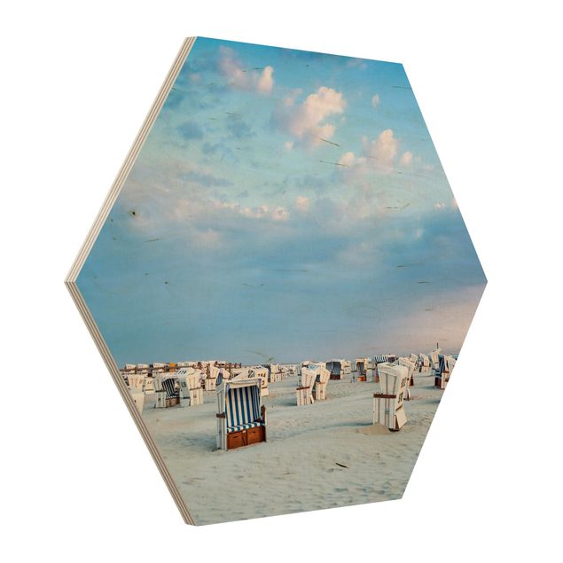 Hexagon Bild Holz - Strandkörbe an der Nordsee