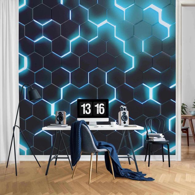 Muster Tapete Strukturierte Hexagone mit Neonlicht in Türkis