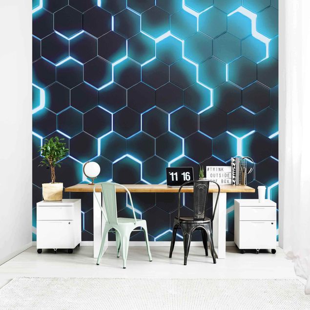 Design Tapeten Strukturierte Hexagone mit Neonlicht in Türkis