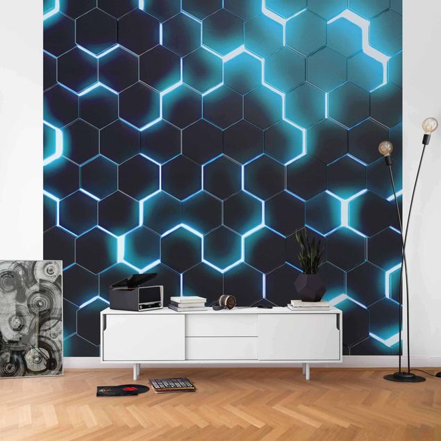 Fototapete 3D Strukturierte Hexagone mit Neonlicht in Türkis
