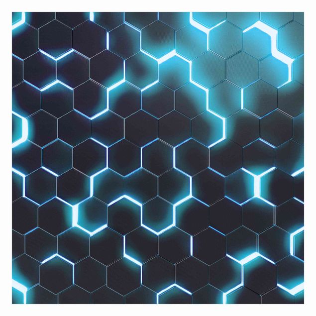 Tapete selbstklebend Strukturierte Hexagone mit Neonlicht in Türkis