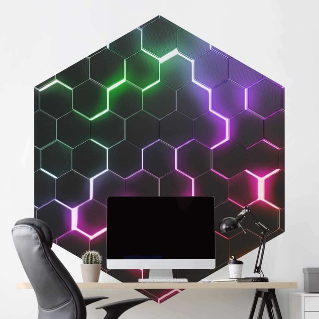 3D Tapete Strukturierte Hexagone mit Neonlicht