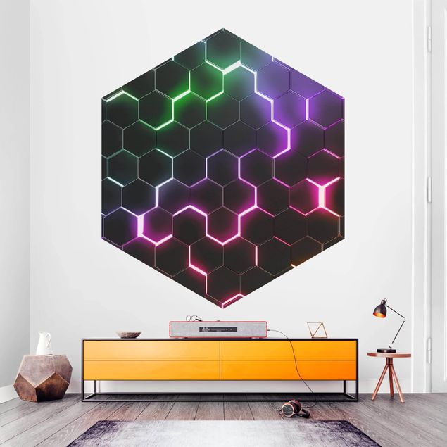 Hexagon Tapete Strukturierte Hexagone mit Neonlicht