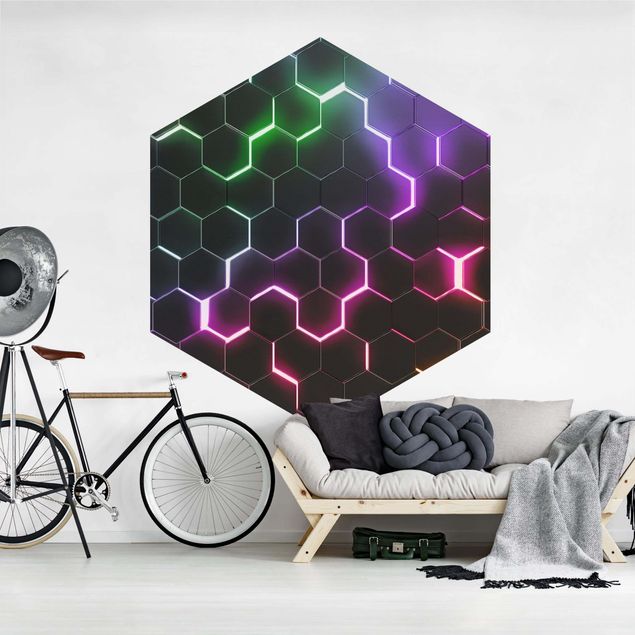 Tapeten Strukturierte Hexagone mit Neonlicht