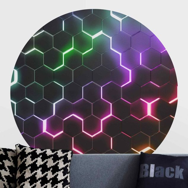 Tapeten rund Strukturierte Hexagone mit Neonlicht