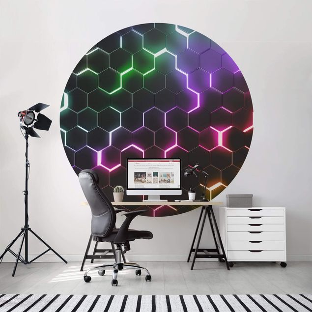 Runde Tapete selbstklebend - Strukturierte Hexagone mit Neonlicht