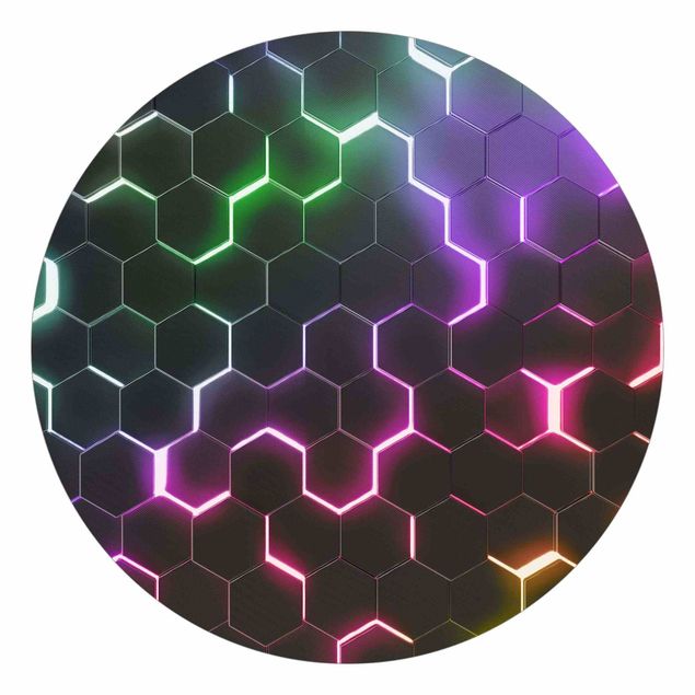 Runde Tapete selbstklebend - Strukturierte Hexagone mit Neonlicht