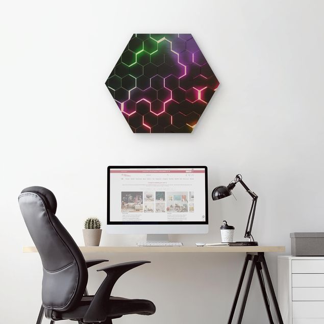 Hexagon-Holzbild - Strukturierte Hexagone mit Neonlicht