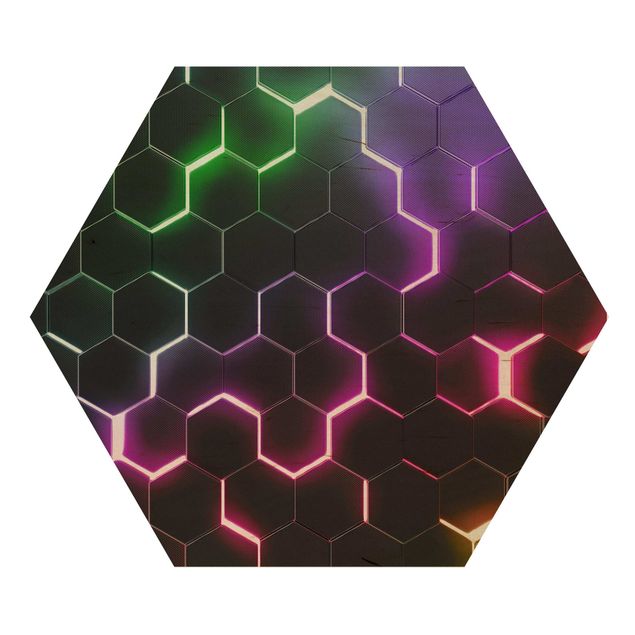 Hexagon-Holzbild - Strukturierte Hexagone mit Neonlicht