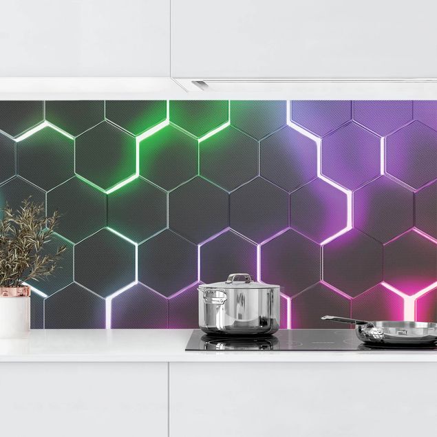 Wandpaneele Küche Strukturierte Hexagone mit Neonlicht