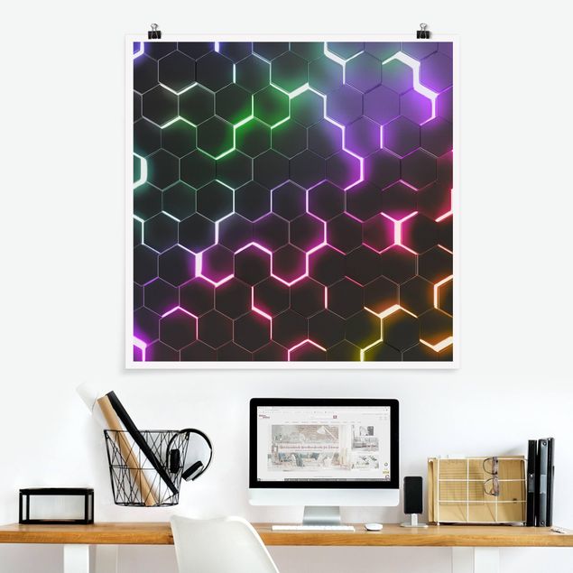 XXL Poster Strukturierte Hexagone mit Neonlicht